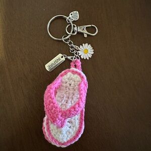 Pink and White Crochet Flip Flop Keychain, Bag Clip..